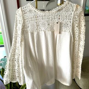 Anthropologie eri & ali White Knit Lace Blouse with Trumpet Sleeves Size M